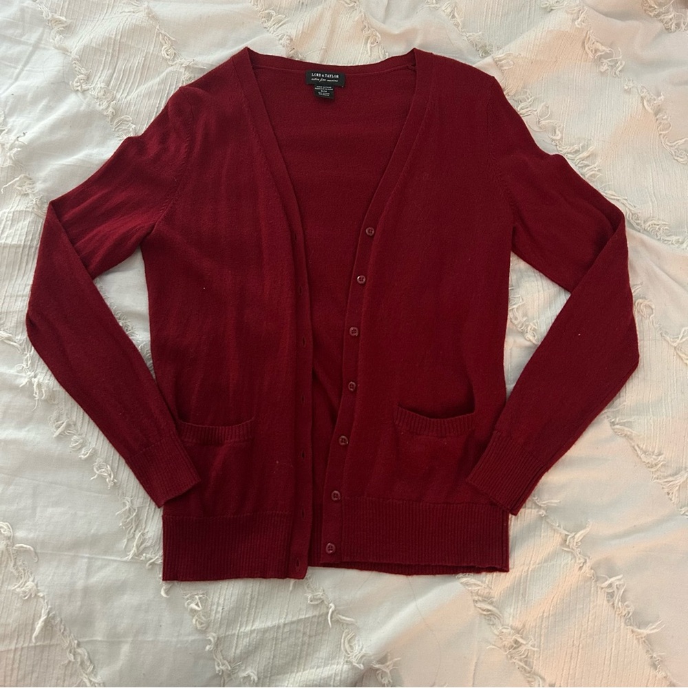 Lord & Taylor Deep Red Cardigan Sweater (100% Wool)